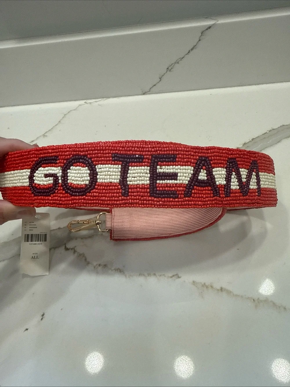 Anthropologie Go Team Red Beaded Purse Strap with Cream Stripe $88